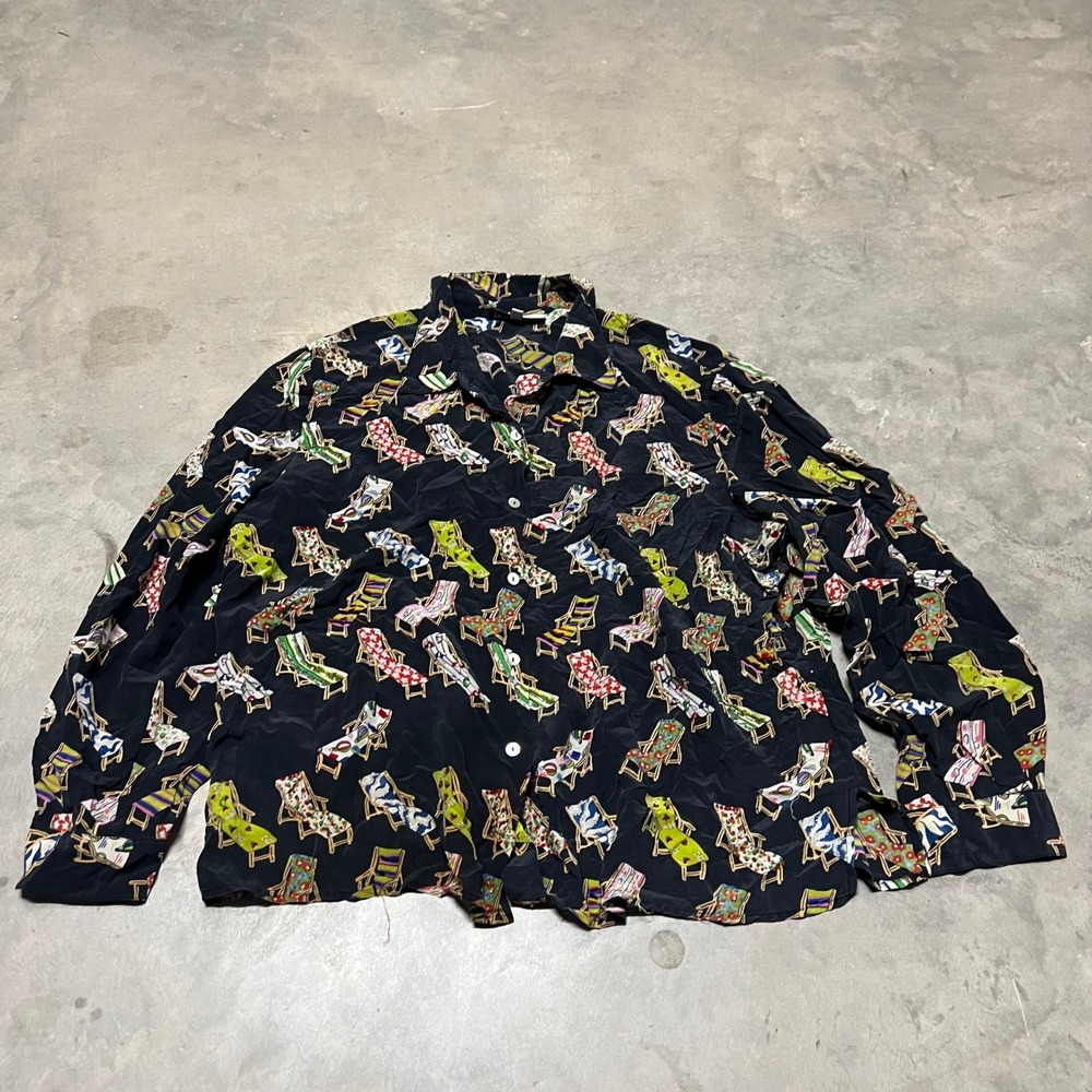 Nicole Taylor Silk Beaded Beach Chair Print Button Down Blouse Black 1X
